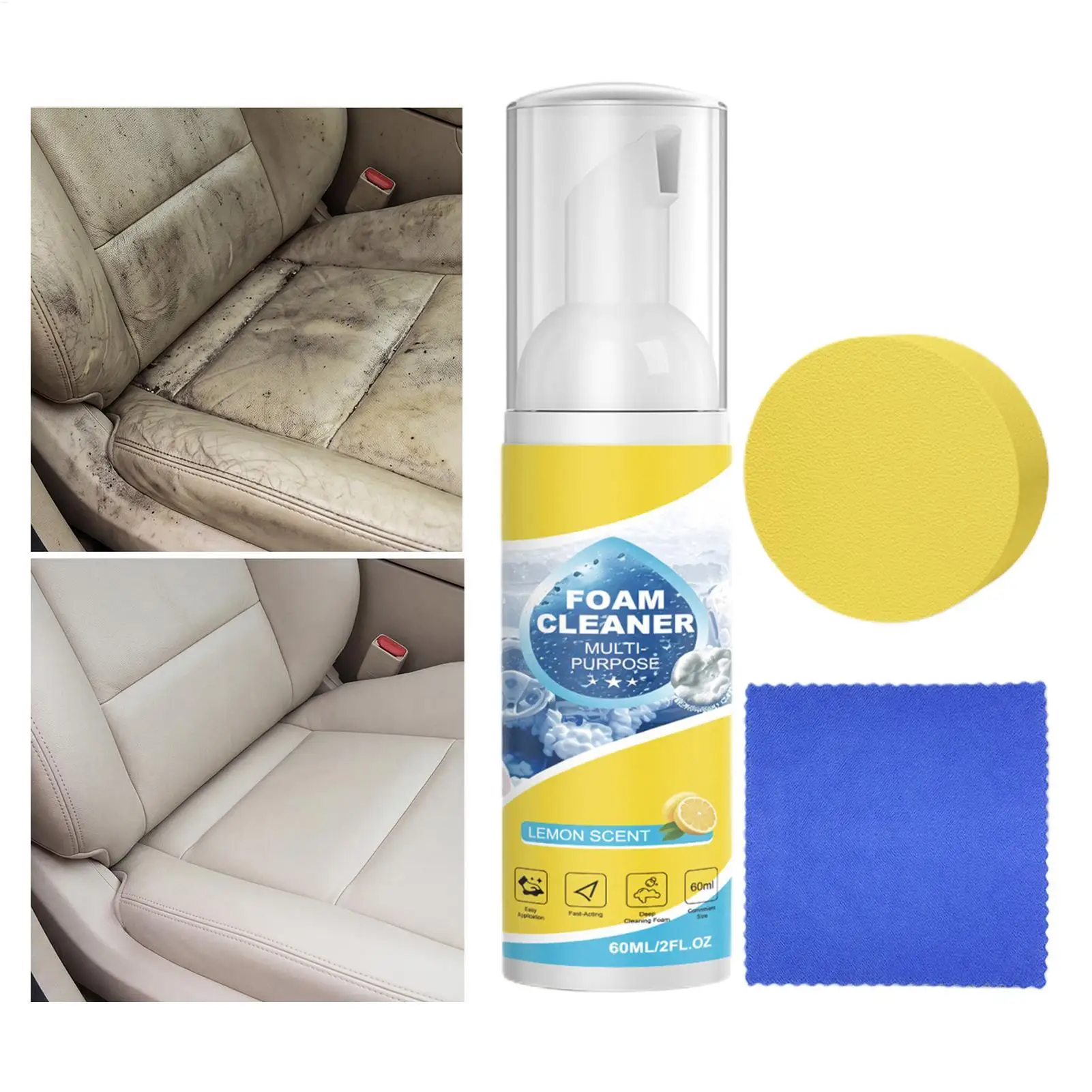 60ml Powerful Foam Cleaner Multi-Purpose Car Interior Cleaner Spray For Leather Seat Carpet No-Rinse Deep Cleaning Kit