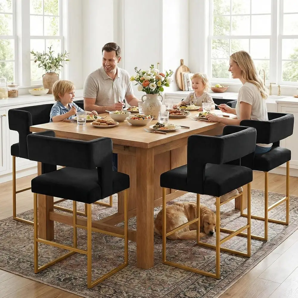 Set of 2 Velvet Upholstered Counter Height Bar Stools with Backs and Arms, Black & Gold Legs - view 6