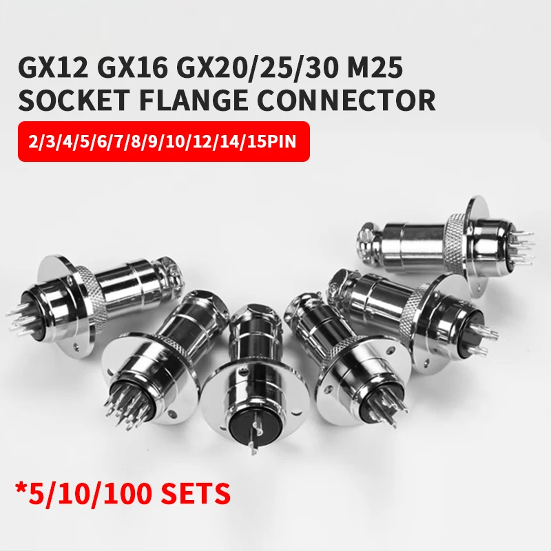 5/100Sets GX12 GX16 GX20/25/30 M25 Aviation Plug Socket Flange Mounting 3-Hole Fixing 2/3/4/5/6/7/8/9/10/12/14/15pin Connector