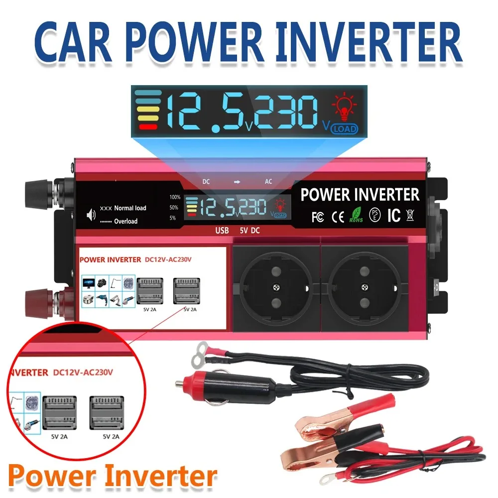 Инвертор питания от 12 В до 220 В, 4000 Вт, ЖК-дисплей, розетка европейского стандарта, солнечный инвертор, двойной USB, быстрая зарядка для телефонов, ноутбуков, автомобилей