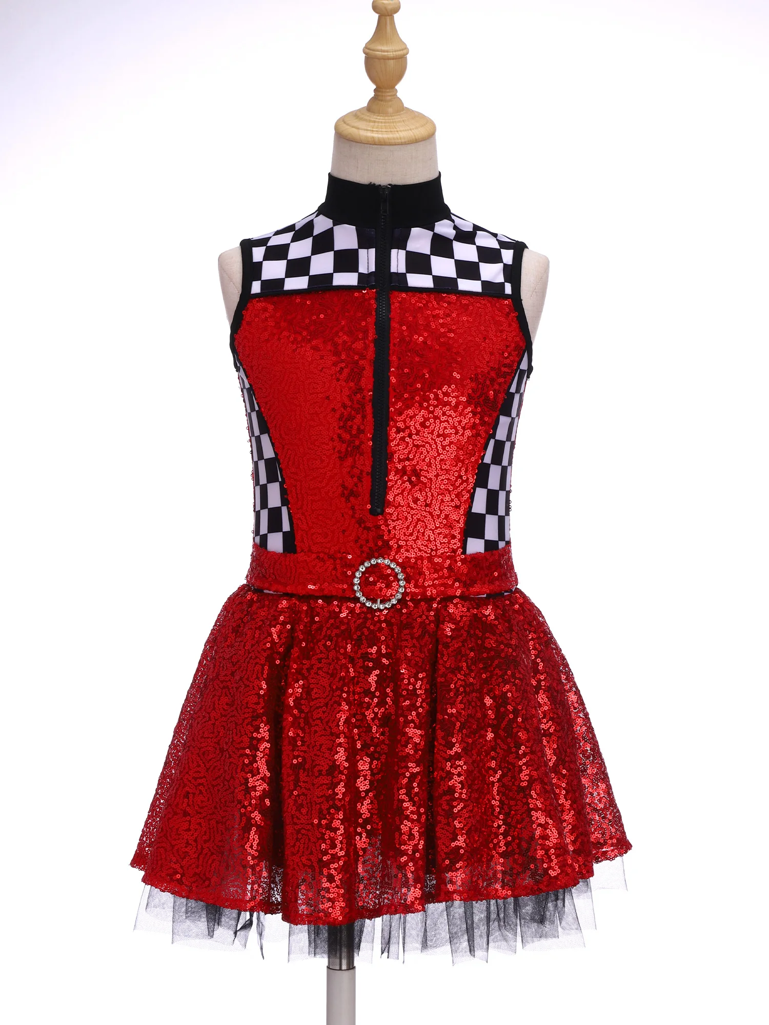 

Kids Girls Halloween Race Car Driver Costume Queen Racer Checkerboard Performance Tutu Dress Themed Party Pole Play Dress Up
