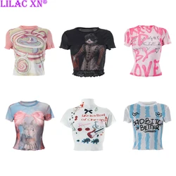 Y2K White Letter Kitty Printed Short Sleeve Crop Top for Women Sexy See Through Cute Fashion T Shirts Summer Tees Streetwear