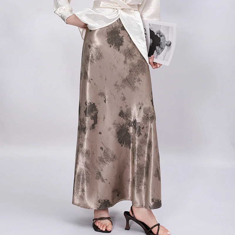 Retro Jacquard Acetate Satin Fishtail Skirt for Women's High-Waisted Slimming Skirt Midi Skirts Korean Printed Flower Skirts