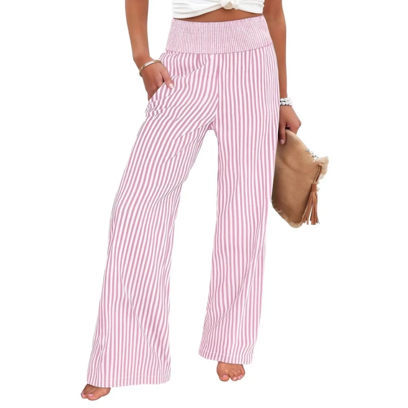 2026 Summer New Cotton Striped Casual Loose Shoulder High Waisted Straight Leg Pants for Women