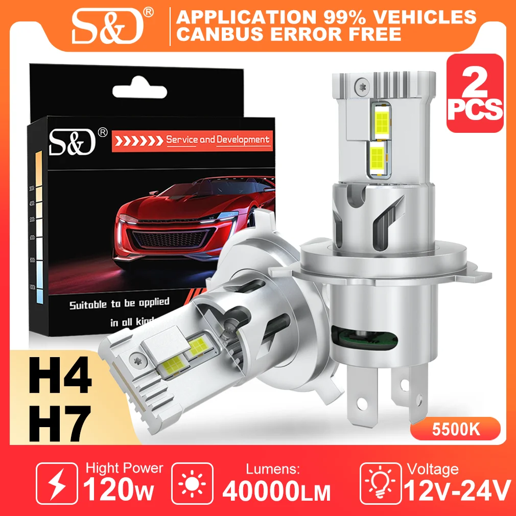 S&D H4 H7 LED Light 40000LM 120W Car LED Headlight 5500K High-Power High Low Beam Canbus Auto Fog Light Bulbs With Fan Headlamp