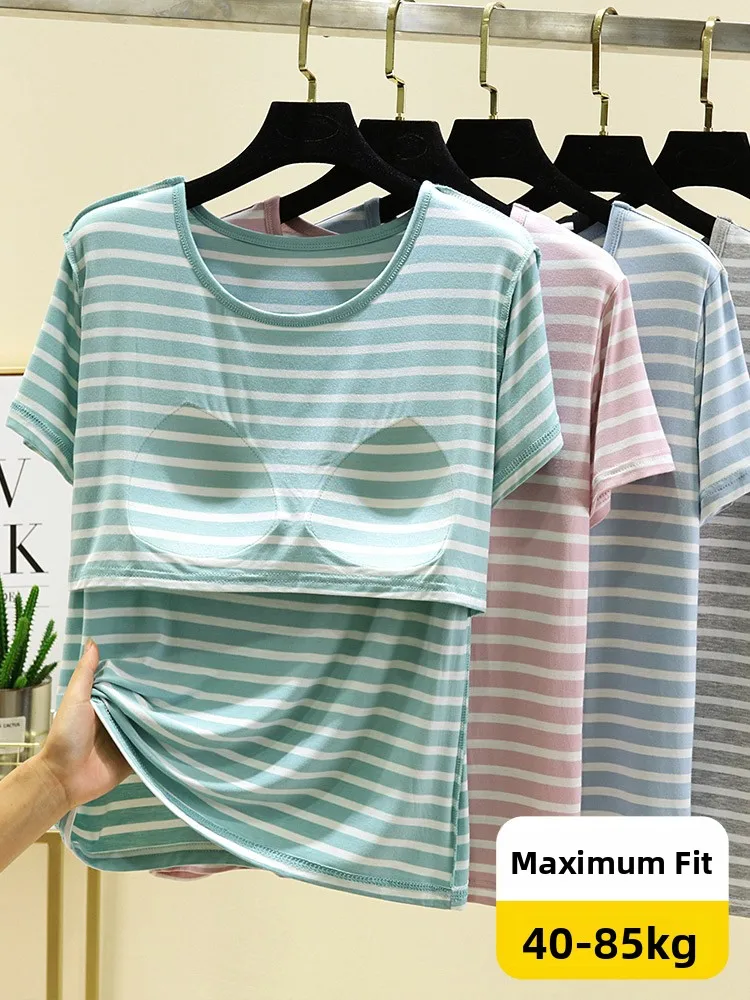 Women's round Ne ort Sve T-irt Modal Thin Summer Striped Base irt Slimming Top Casual Sle Regular Length