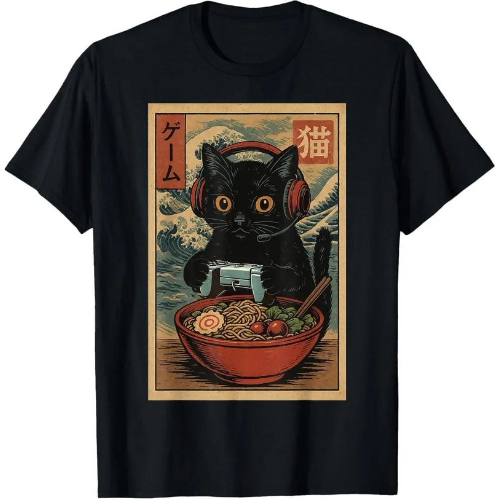 

Kid's Cute Kawaii Gamer Cat Funny Ramen Retro Japanese Cat Gaming T-Shirt Short Sleeves T-Shirt for Boys Girls Teens