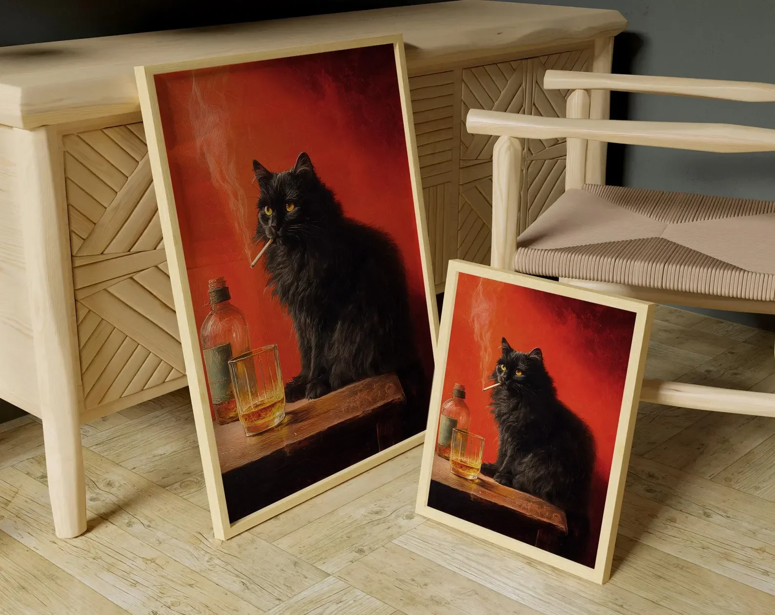 ملصق سيجارة للتدخين على شكل قطة سوداء، طباعة عتيقة، فن جداري غريب الأطوار، فن حيوانات مضحك، ملصق لعربة البار، مطبخ ملتوي