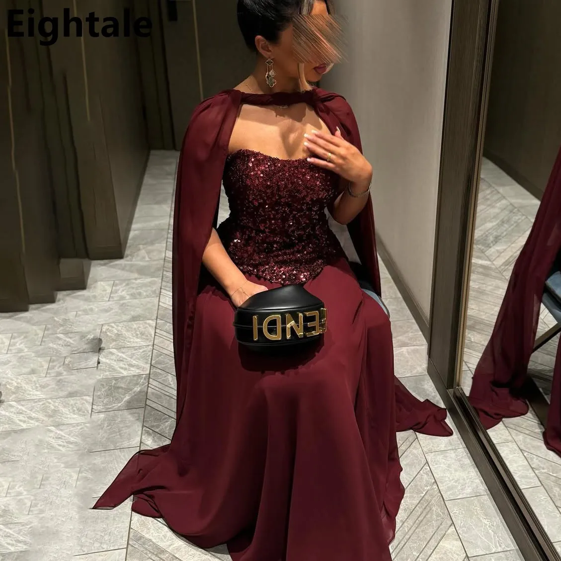 Eightale Burgundy Chiffon A Line Saudi Arabic Evening Dress Cape Sequins Prom Party Dress Women Dubai Formal Gown Customized