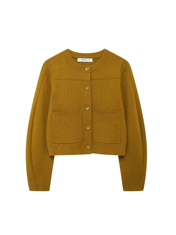 

KUCLUT Women Fashion Chic Plain Knit Cardigan Female Pockets Buttoned O-Neck Coat Ladies Simple Knitwear