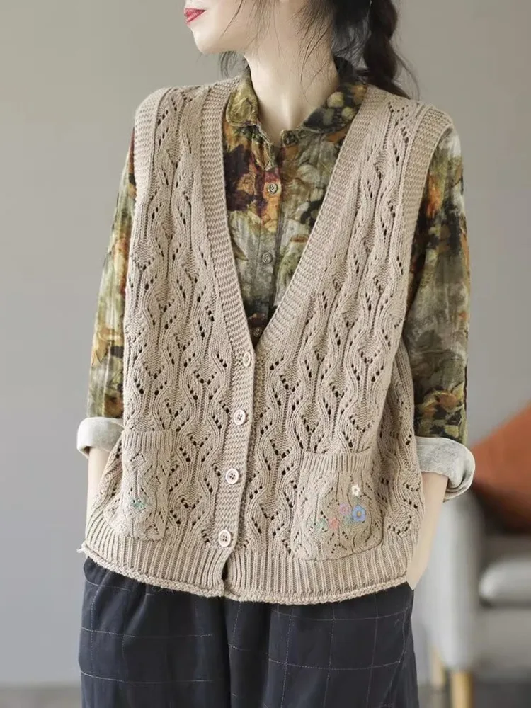 

New Vintage Knitted Hollow out Ladies' Jaet Slimming Embroidered Cotton Tead Women's Faionable Top Svel Loose Fit