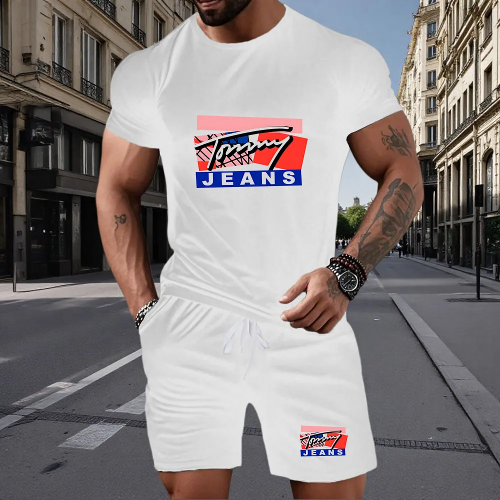 

New summer fitness sportswear for men, short-sleeved T-shirt and shorts two-piece set, breathable and quick-drying casual wear.