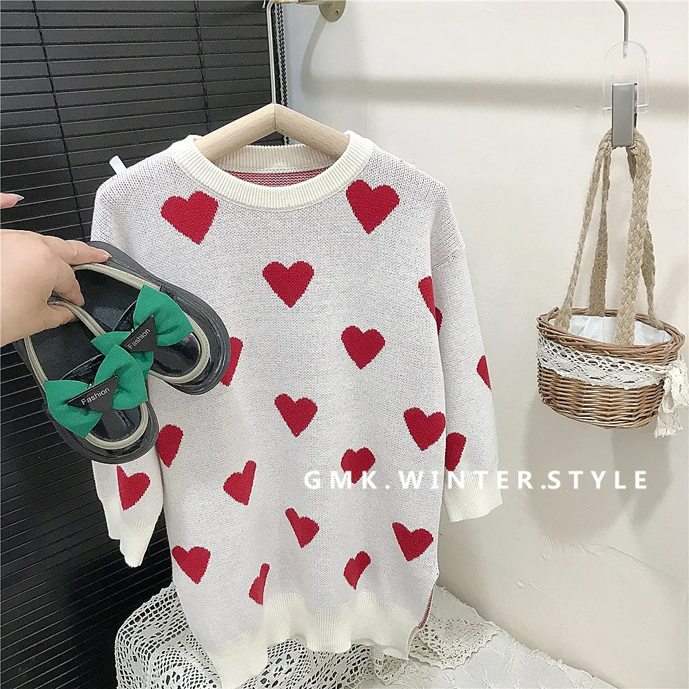 

Корейская детская одежда, свитер для девочек в ленивом стиле, осень 2024, длинный вязаный цветной свитер с разрезом по подолу