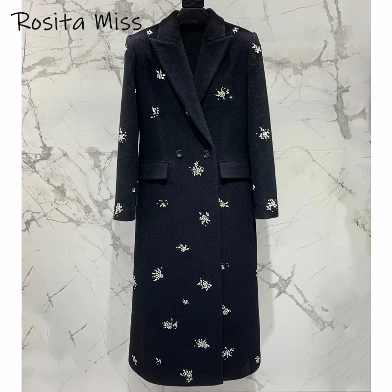 12.7 New Women's Luxury Diamonds Beads Flower Lapel Collar Long Sleeve Slim Long Coat Temperament All-Match Outerwear