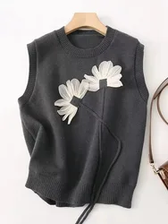 Women Loose Flower Knitted Vest Sweater Autumn Sleeveless Solid Female Waistcoat Vintage Korean Unique 3D Printing Knitted Vests