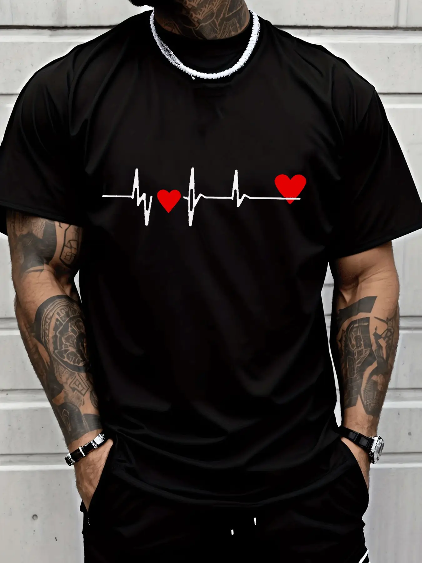 Unisex Crew Neck T‑Shirt Minimalist ECG Red Heart Line Art Print 100% Cotton Short Sleeve Soft Daily Casual Basic Tops Men Women