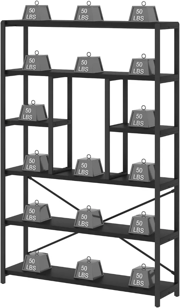 6 Tier Tall Black Bookshelf, Modern Large Wide Book Rack Storage, Industrial Wood Metal Etagere 6 Shelf Bookcase