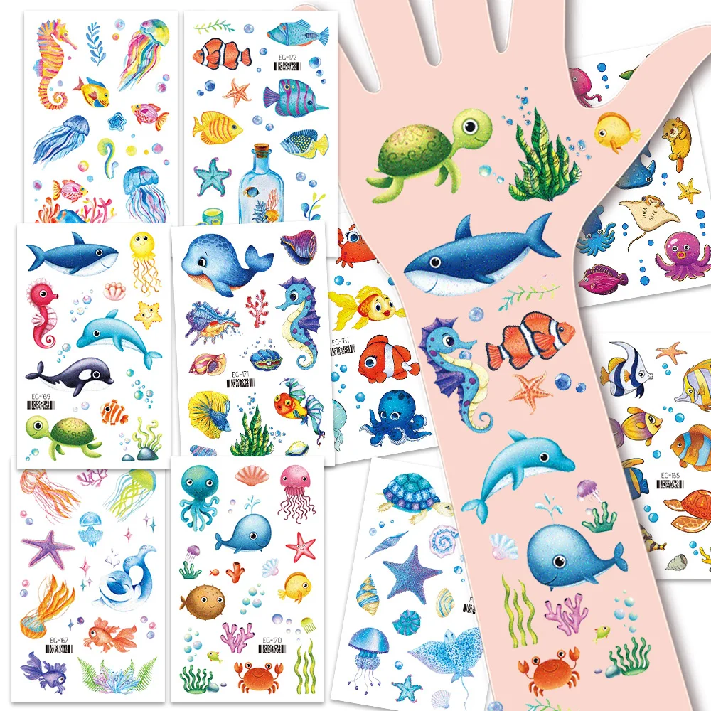 12 Sheets Glitter Ocean Sea Animals Temporary Tattoos, Waterproof Underwater Worlds Tropical Fish Whales Turtles Coral Stickers