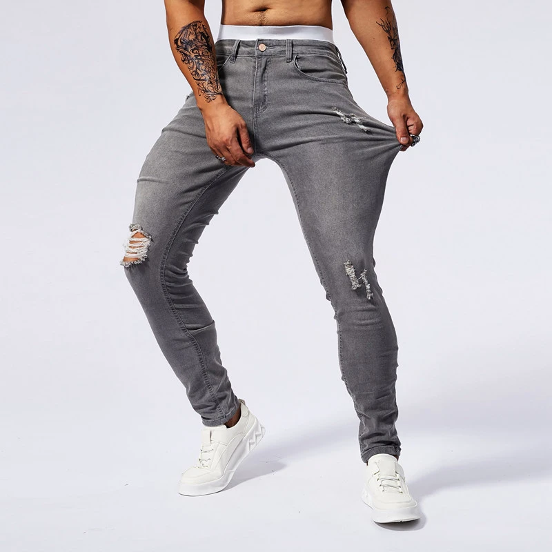 American Style Distressed Patch Jeans, Men's Trendy Elastic Slim Fit Small Straight Leg Casual Pants