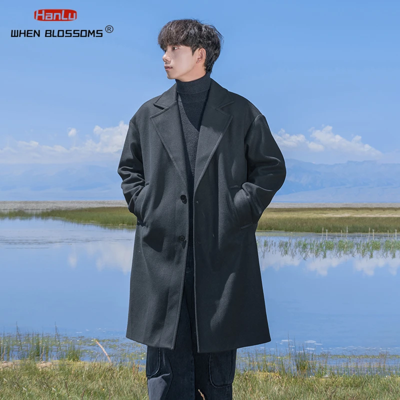 HANLU Warm Soft Vintage Double-sided Wool Coat Men's Medium Length Knee  2024 Autumn Winter Thickened Suit Wind Coat Jacket