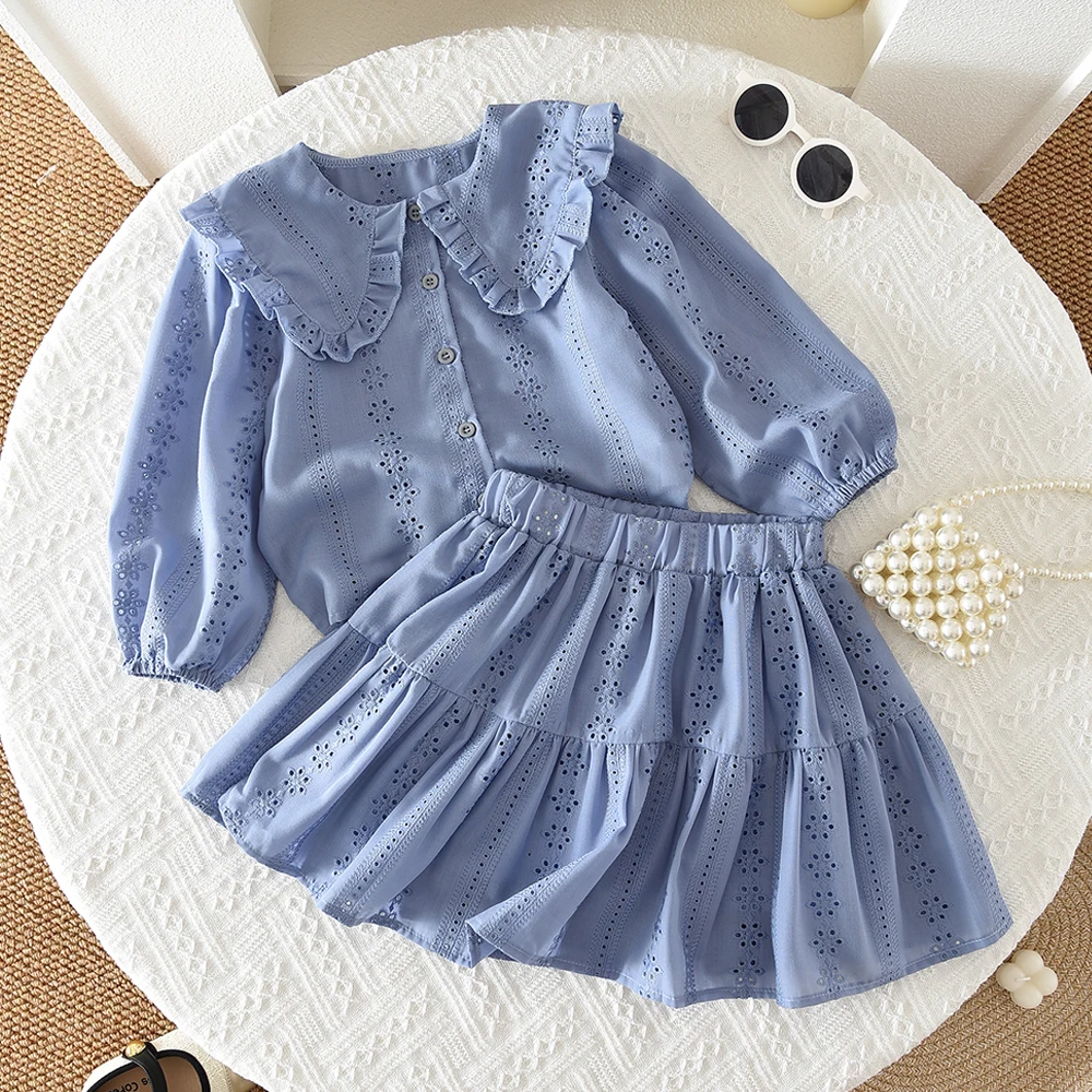 Korean Retro Brown Embroidered Girls' Clothing Spring and Autumn Long Sleeved Collared Shirt Top + Short Skirt Sets for Children