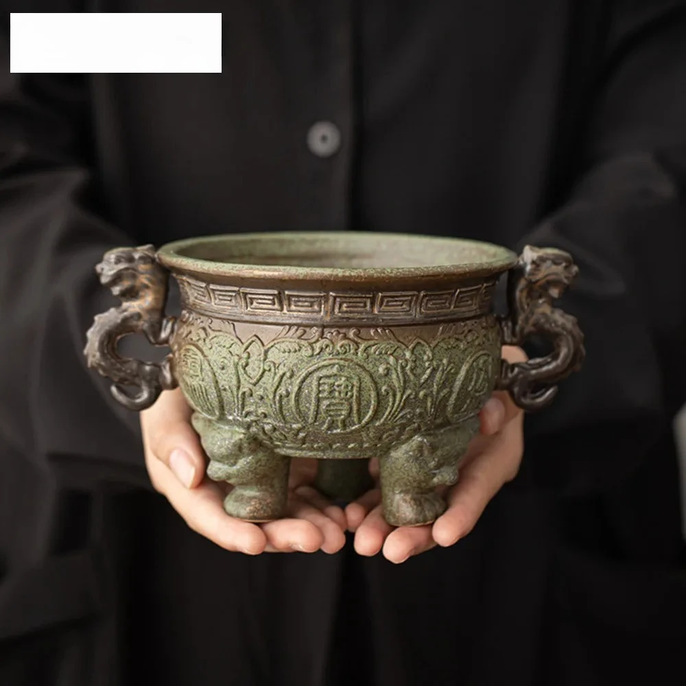 Antique Kiln Change Green Field Incense Stove Treasure Bowl Line Aromatherapy Furnace Consecrate Buddha Triangle Holder Ornament