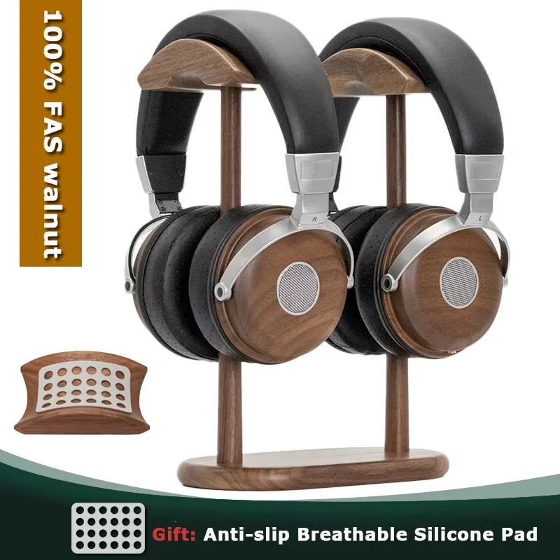 Pure Solid Walnut Headphones Stand Dual Gaming Headset Beech Wood Holder Desktop Display Shelf Anti-slip SiliconPad Space Saving