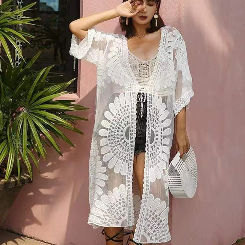 Women Beach Swimsuit Cover Up 3/4 Sleeve Embroidery Sunflower Pattern Lace Kimono Cardigan V-Neck Ties Front Swimwear