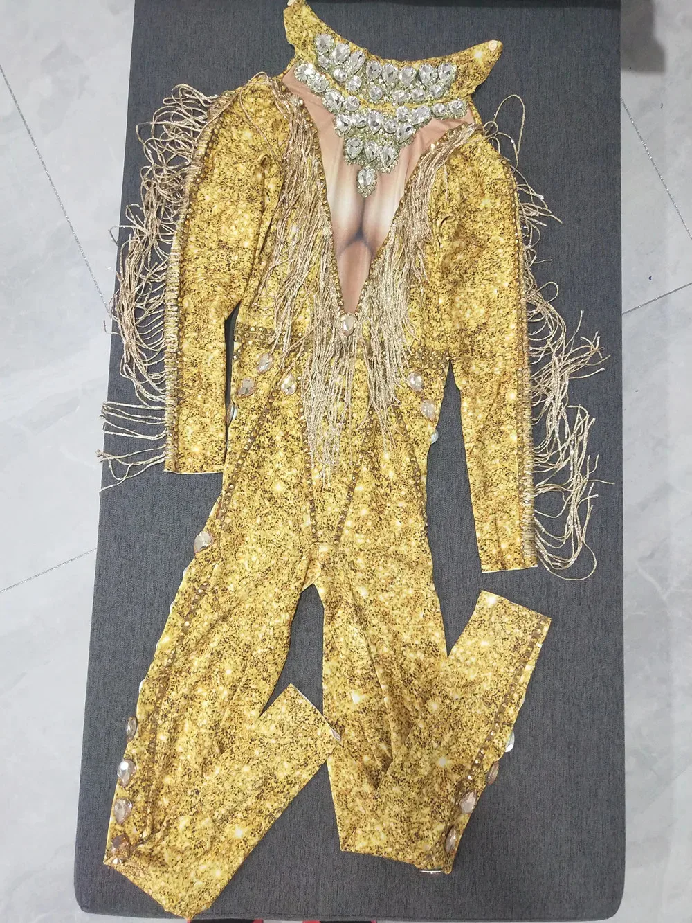 الذهب الراين شرابة طويلة الأكمام بذلة للنساء ضيق يوتار أداء الرقص زي المغني صورة عرض المرحلة ارتداء