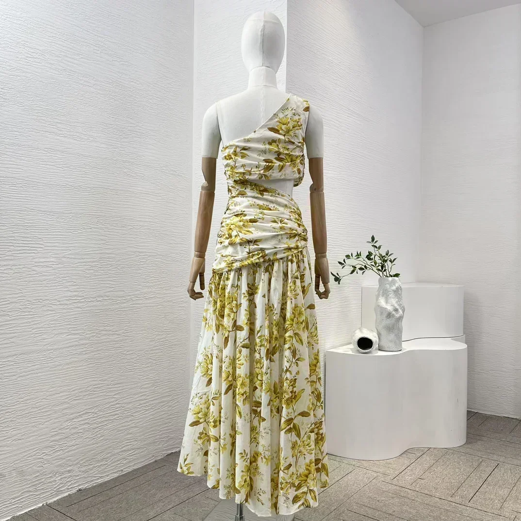 Re-tro 2024 New Women Summer Beach Style Irregular Design High Quality Sleeveless Cut Out Pleats Floral Print Waist Midi Dress