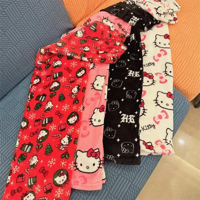 Halloween Thicken Hello Kitty Pajama Pants Sanrio Anime Fleece Double Elastic Fabric Soft Trousers Women Cartoon Birthday Gift