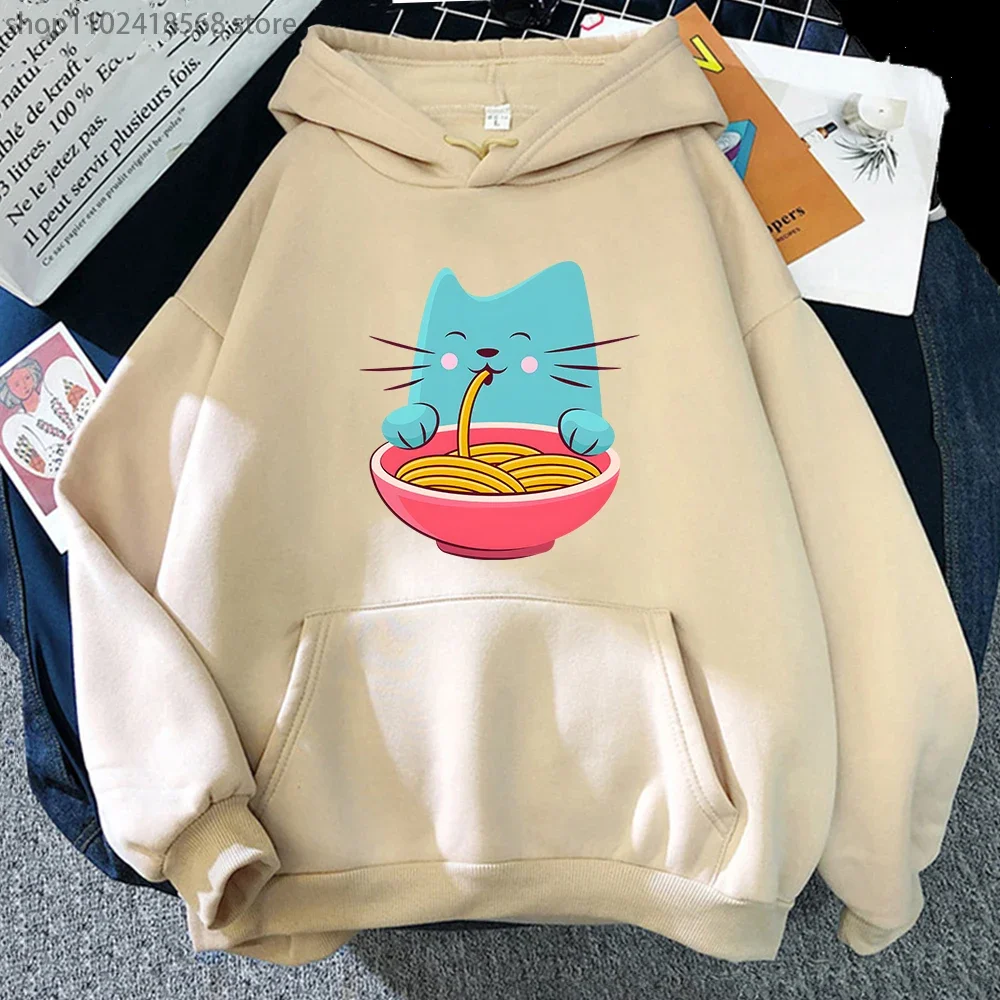 Cat Eating Spaghetti Hoodie Aesthetic Men Fashion Animal Graphic Sweatshirt Korean Style Streetwear Women Four Seasons Sudaderas
