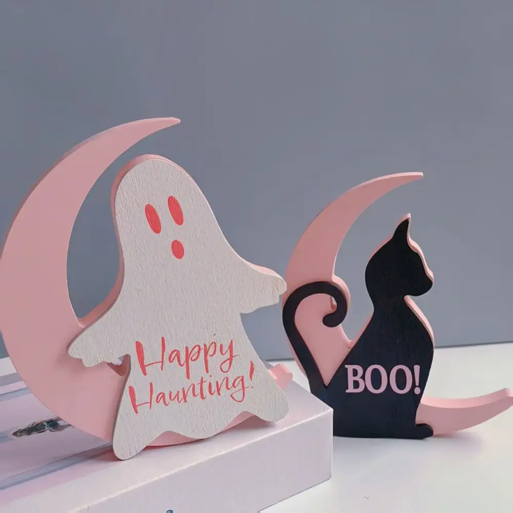 

Wooden Moon Witch Decorations Model Collectible Halloween Witch Ornaments Handicraft Funny Moon Black Cat Ornaments