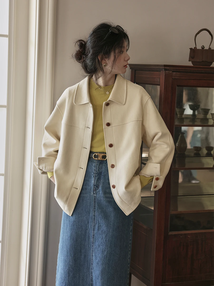 

Solighter Ретро Замшевый воротник Jaet Свободная длинная повседневная верхняя одежда Свек Осенняя новинка Женская одежда из смеси полиэстера Faion