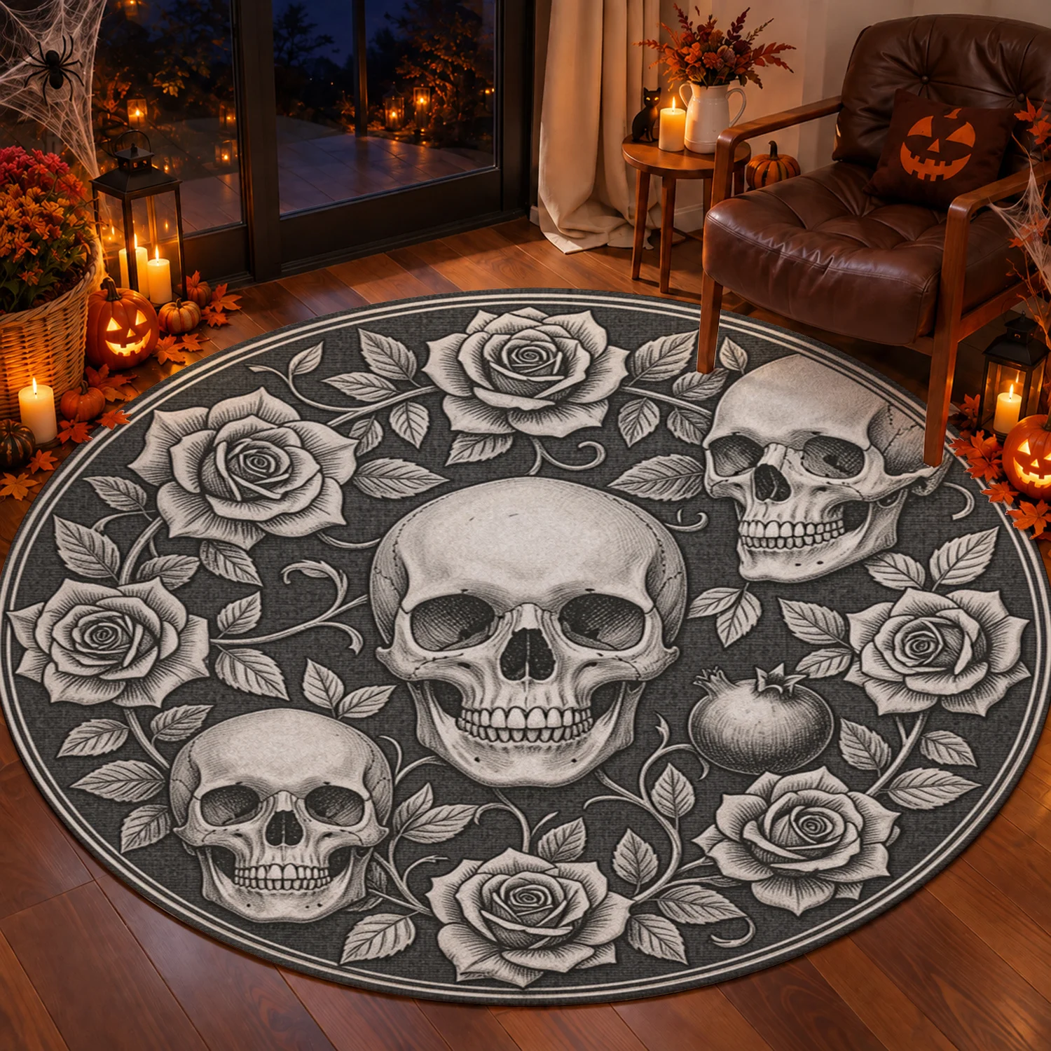 Gothic Skull Rose Floral Circular Velvet Area Rug, Machine Washable Soft Plush Floor Mat for Living Room, Bedroom, Entryway, Dining Space, Ideal for Halloween, Thanksgiving, Christmas, Black Friday, Cyber Monday, New Year Home Decor