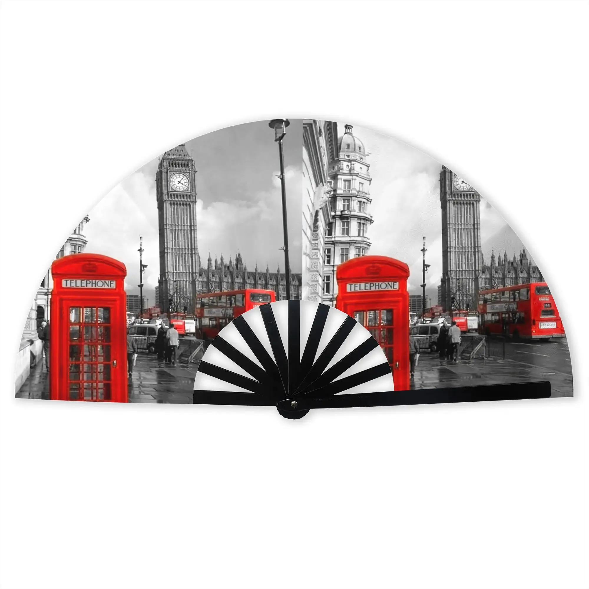London Red Bus Portable Pocket Fan Camping British Style Telephone Booth Polyester Folding Fan Chinese Dance Handheld Cool Fan