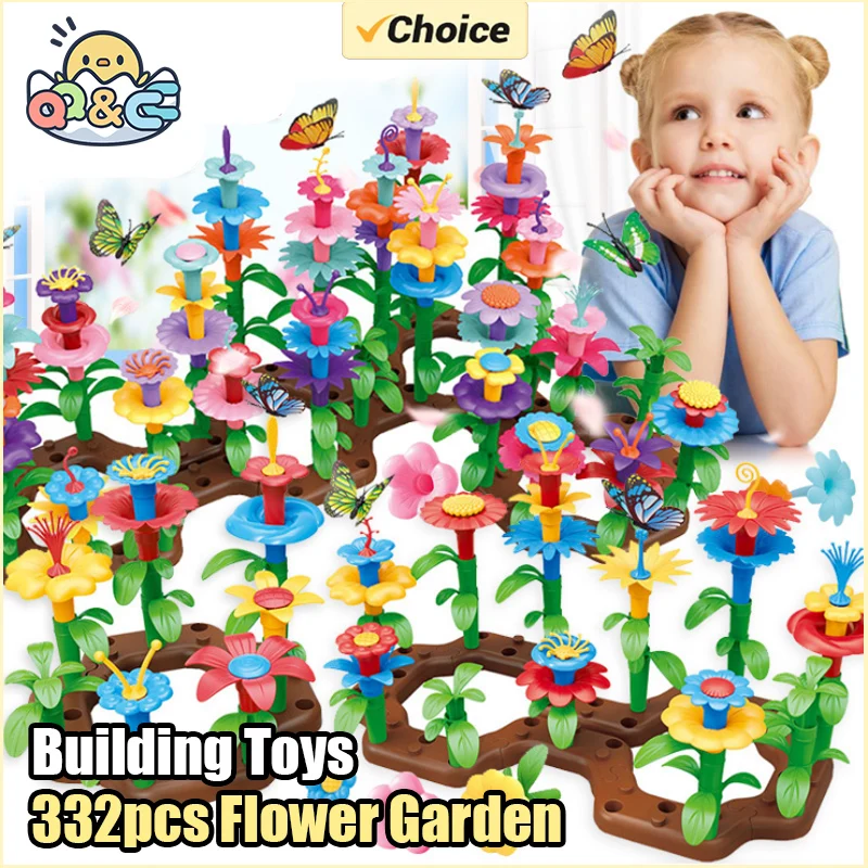 332 pçs flor jardim brinquedos de construção para crianças pré-escolares flor empilhamento jogos diy blocos de construção planta educação criativa brinquedos