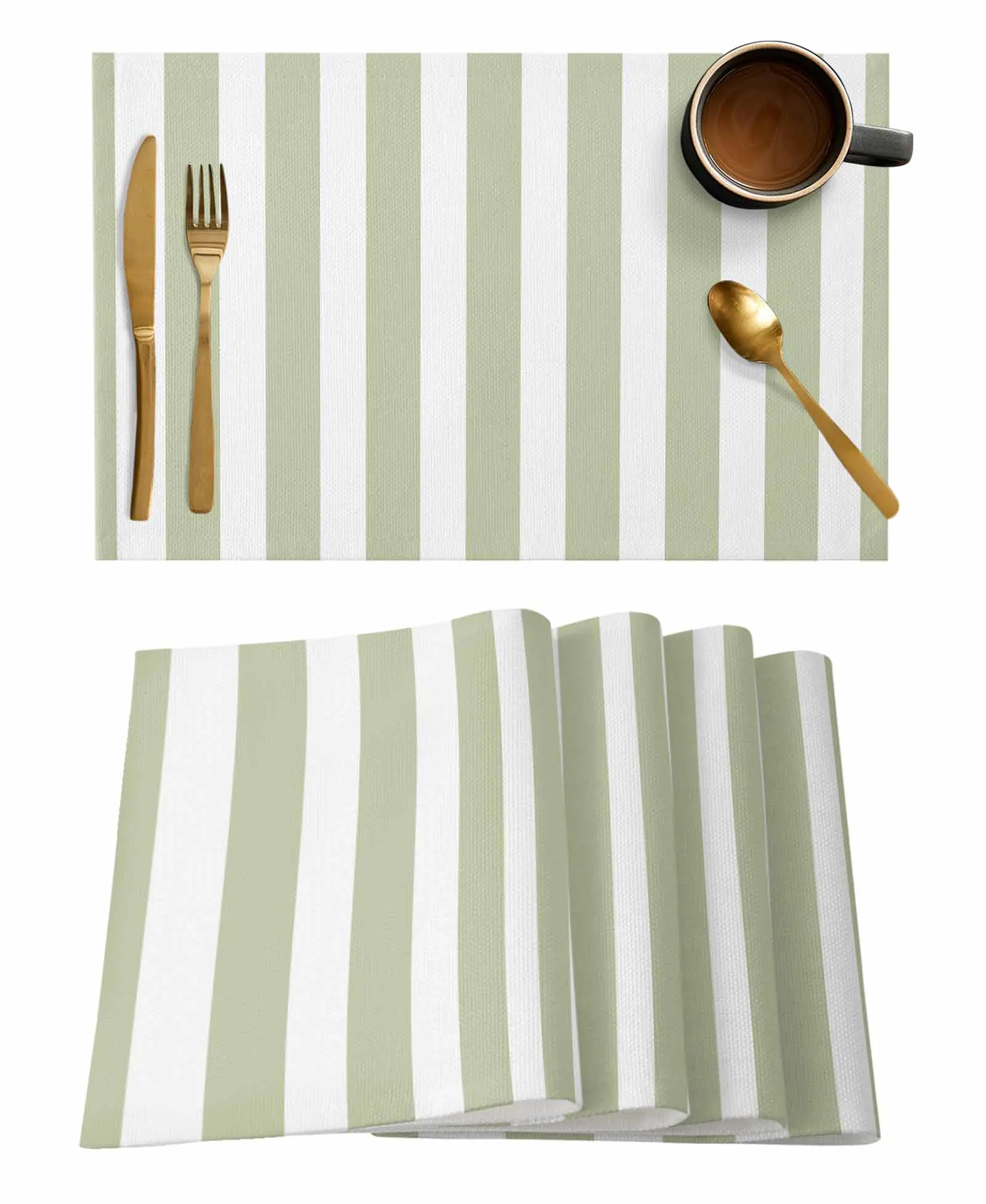 Striped Sage Green Kitchen Tableware Cup Bottle Placemat Coffee Pads 4/6pcs Desktop Mats