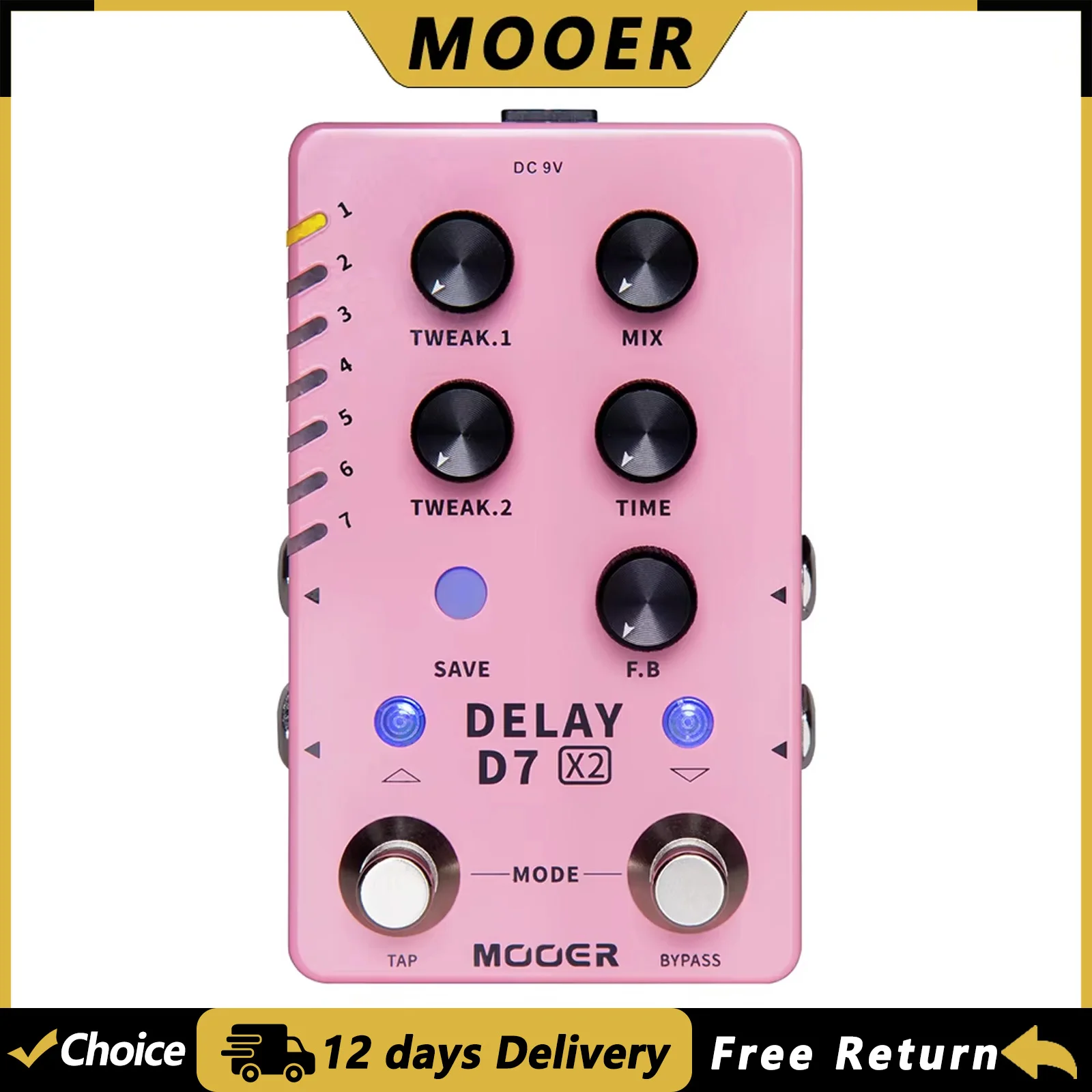 MOOER D7 Delay X2 Guitar Stereo Delay Effect Pedal Dual Footswitch Effect Pedal with 14 Built-in Stereo Delay Effects