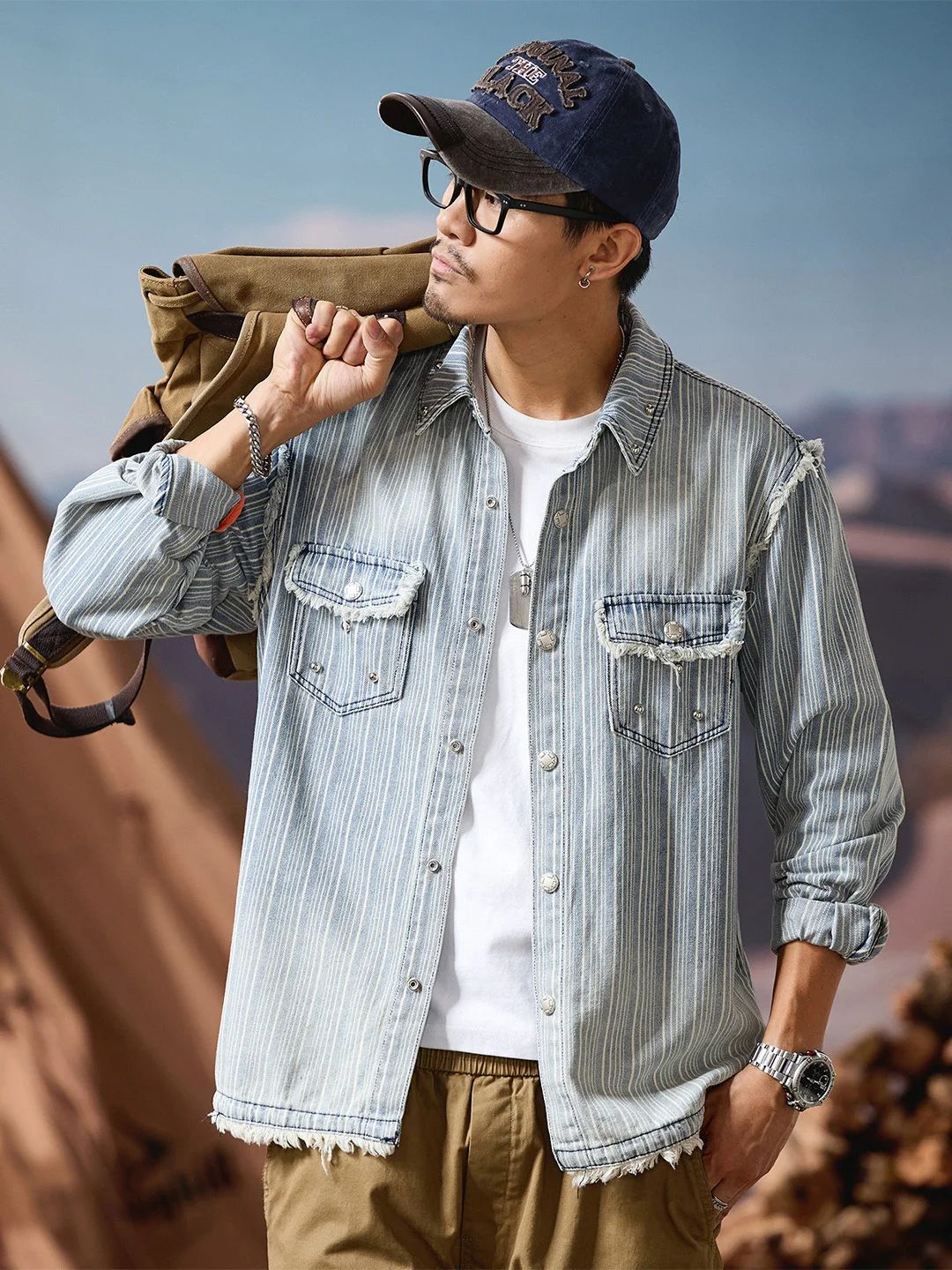 

American Sle Heavyweight Retro Striped Workwear Long Sve irt Men's Loose Collar Trendy Outerwear Autumn Winter New Arr...