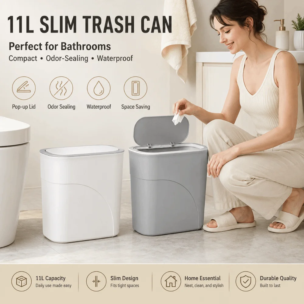 Slim Narrow Gap 11L Bathroom Trash Can Odor-Free Seamless Waterproof Garbage Bin One-Touch Pop-Up with Lid Living Room Dustbin