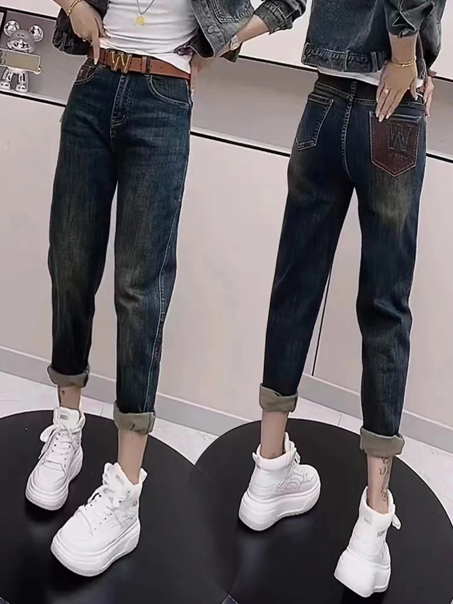 

High Waist Elastic Harlan Jeans Women's Spring Summer plus Size Small Height Slimming Nine Point Straight Old Dad Cucumber Pants
