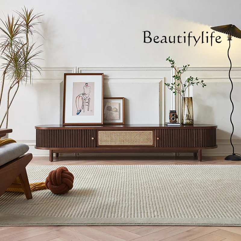 Retro rattan TV cabinet ash wood household small apartment Japanese-style wabi-sandy wind living room solid wood rolling shutter