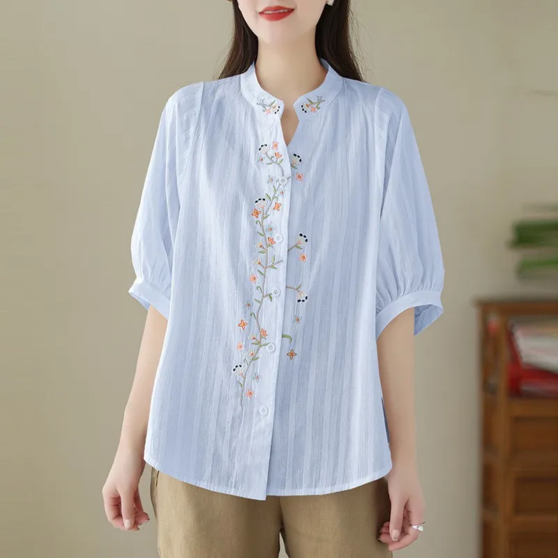 Chemise en coton à manches mi-longues pour femmes, style vintage, broderie florale, été, décontracté, nouvelle arrivée, 2024, Bino 68