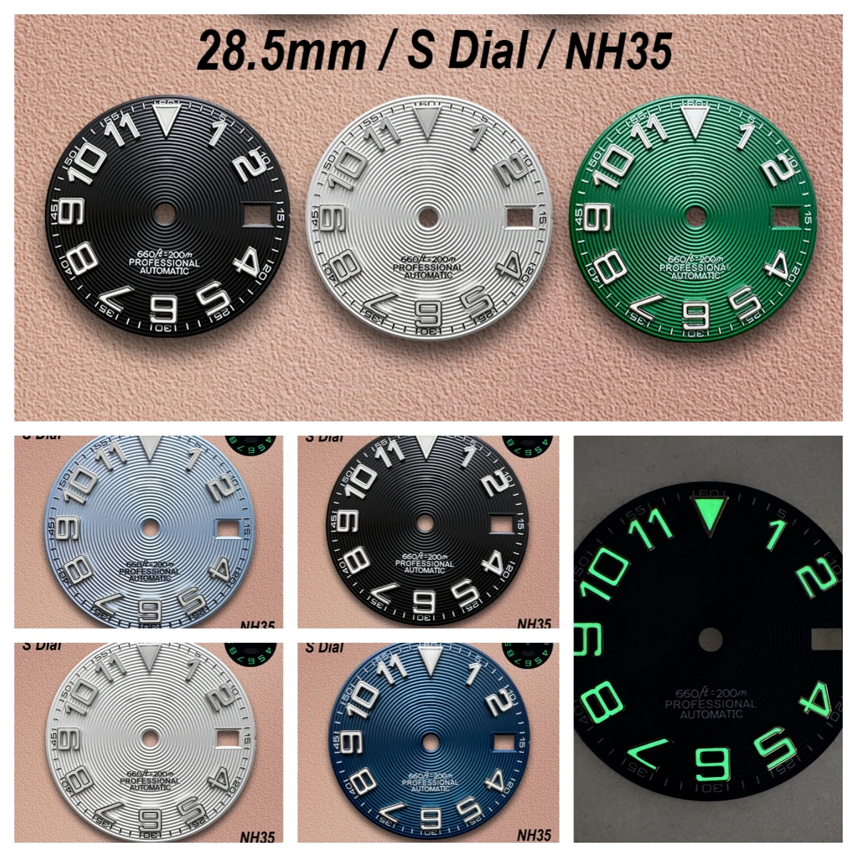 

28.5mm S Logo Dial Fit NH35 Movement Green Luminous High-Quality CD Diving Watch Modification Accessories
