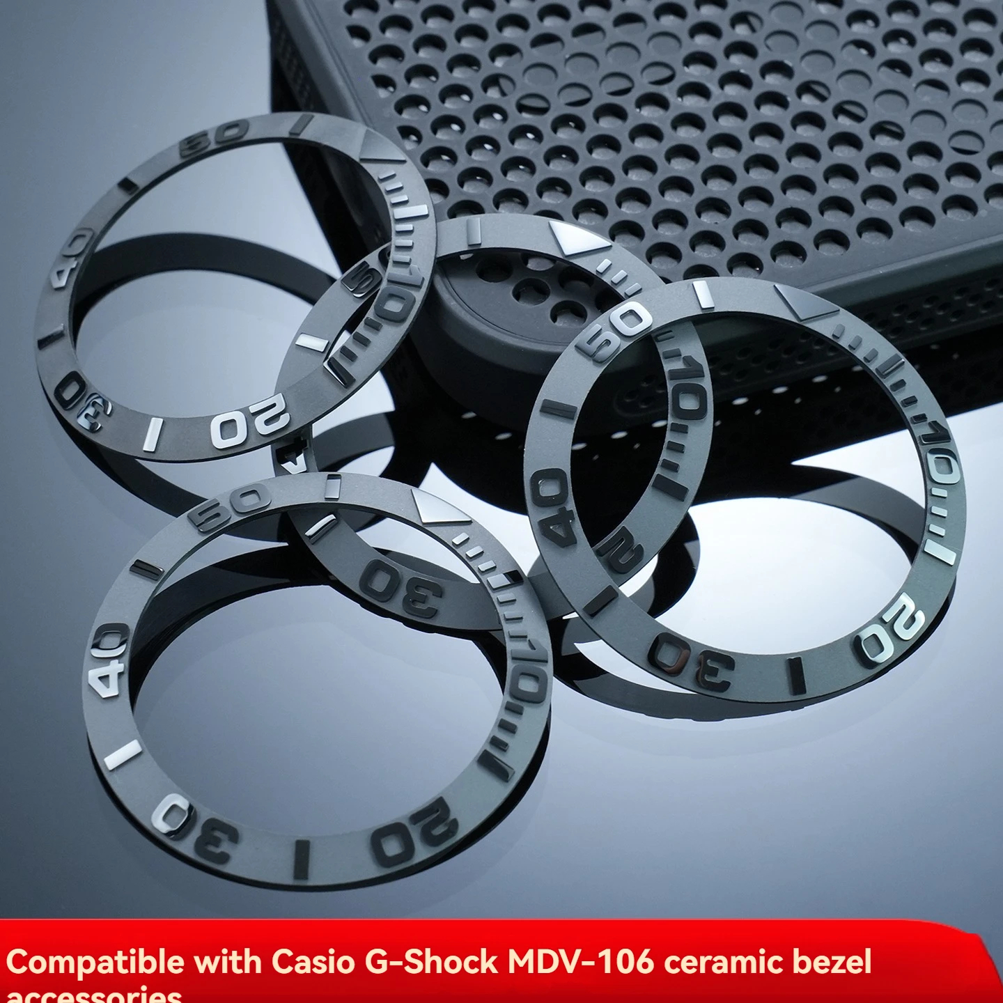 41x32.9mm Raised-Letter Ceramic Chronograph Bezel for Casio Swordfish Yacht MDV-106, MDV-107Black and Silver Replacement Bezel