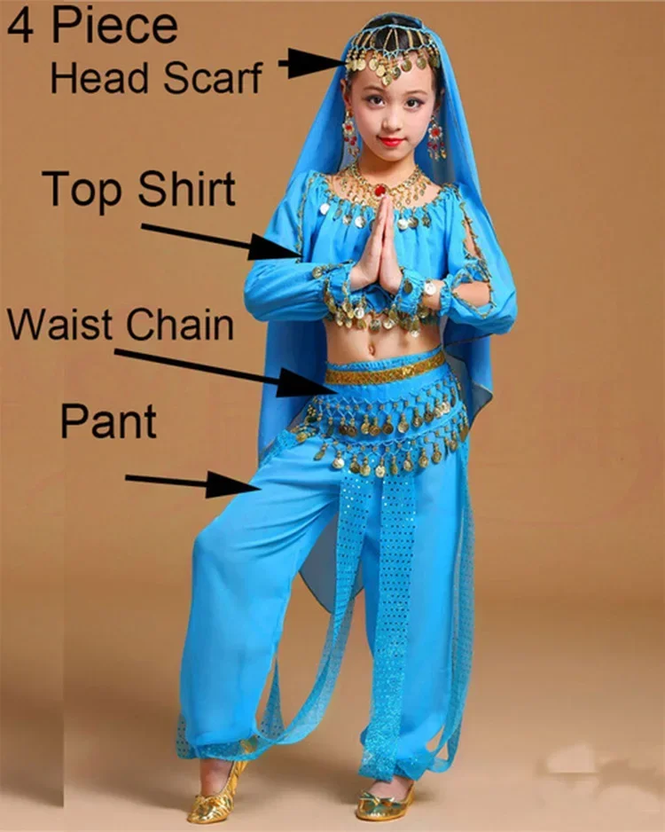 Trajes de dança do ventre infantil para meninas, conjunto de trajes de dança de palco indiano oriental, 4 peças (camisa superior + lenço de cabeça + corrente de cintura + calça)