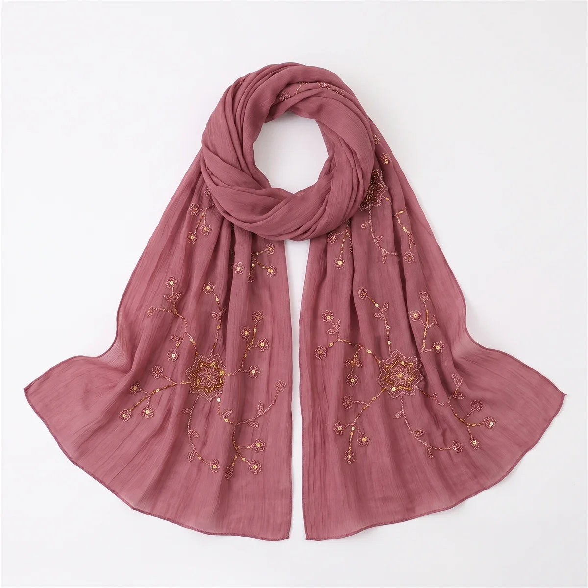 Fashion Crinkle Hijab Scarf With Floral Sequin Embroidery Lightweight Headscarf Shawl For Women Wedding Evening Cocktail Party view 3