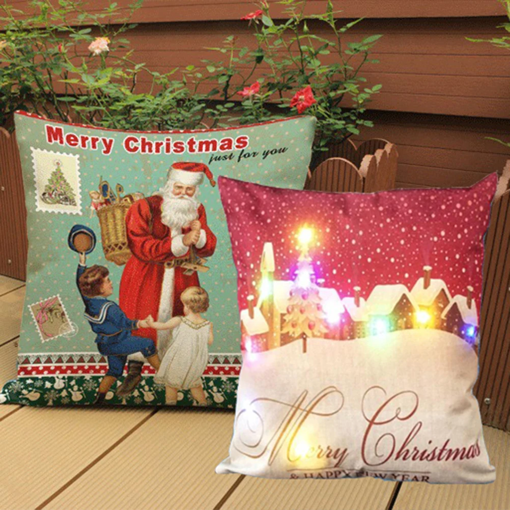 

LED Christmas Festival Throw Pillow Case Flax Fabric Cushion Cover Sofa Coffee Shop Bedroom Decoration