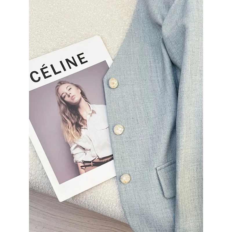 الخامس الرقبة الأزرق الدانتيل الأصفاد عطر صغير دعوى سترة المرأة الربيع والخريف الأزياء الأساسية أنيقة الفرنسية مكتب سيدة سترة